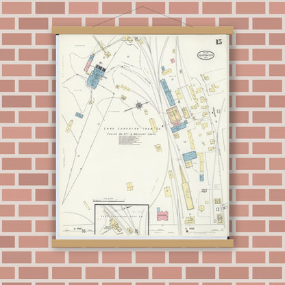Old map wall art mockup — magnetic wood frame on brick wall — Sanborn Fire Insurance Map from Ishpeming, Marquette County, Michigan (1911), Sheet #0015
