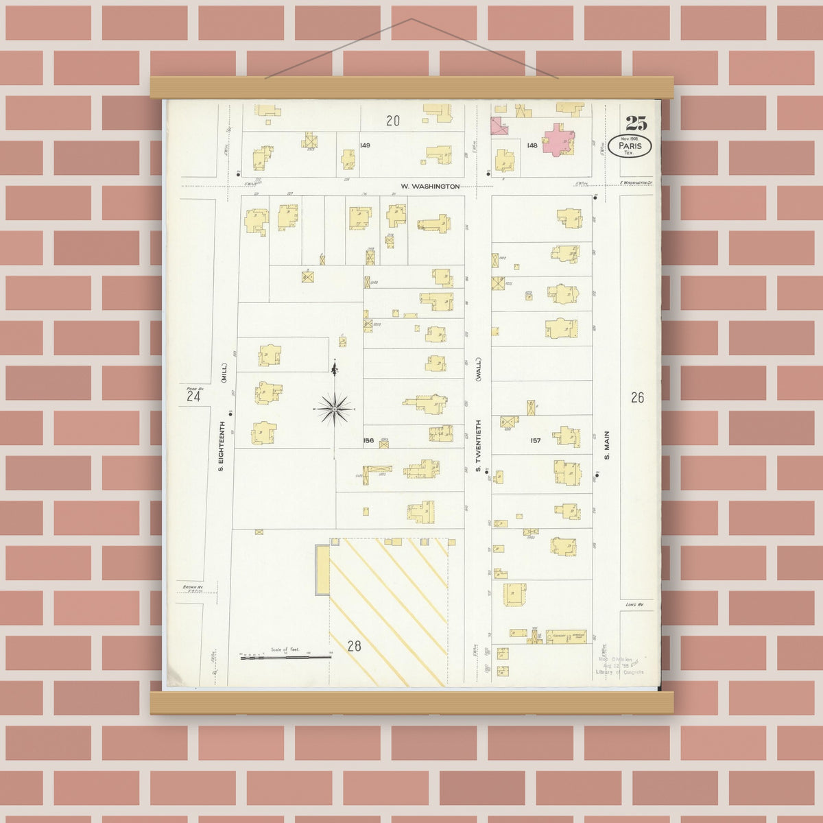 Old map wall art mockup — magnetic wood frame on brick wall — Sanborn Fire Insurance Map from Paris, Lamar County, Texas (1908), Sheet #0025