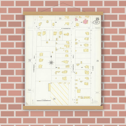 Old map wall art mockup — magnetic wood frame on brick wall — Sanborn Fire Insurance Map from Paris, Lamar County, Texas (1908), Sheet #0025