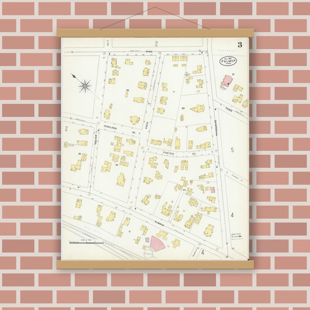 Old map wall art mockup — magnetic wood frame on brick wall — Sanborn Fire Insurance Map from Palmer, Hampden County, Massachusetts (1906), Sheet #0003