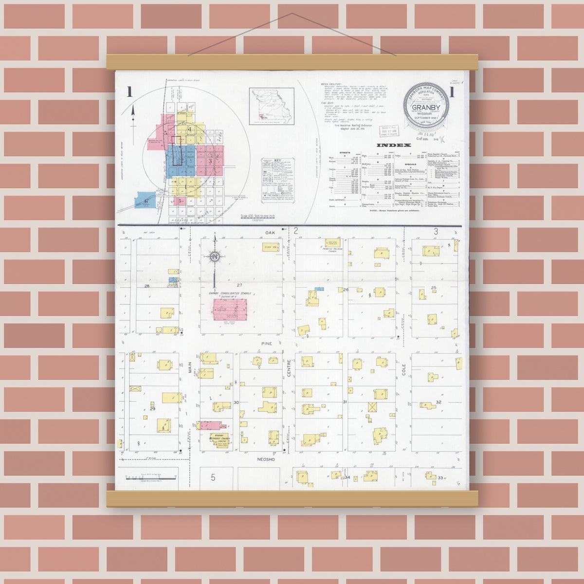 Old map wall art mockup — magnetic wood frame on brick wall — Sanborn Fire Insurance Map from Granby, Newton County, Missouri (1930) - Complete Map Set