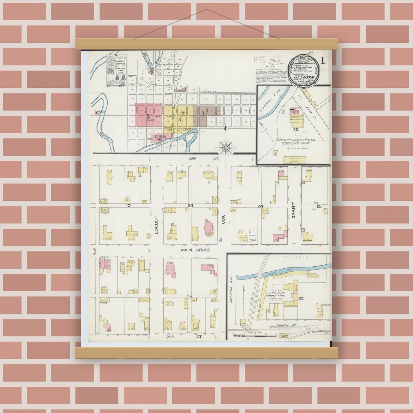 Old map wall art mockup — magnetic wood frame on brick wall — Sanborn Fire Insurance Map from Ottawa, Putnam County, Ohio (1893) - Complete Map Set