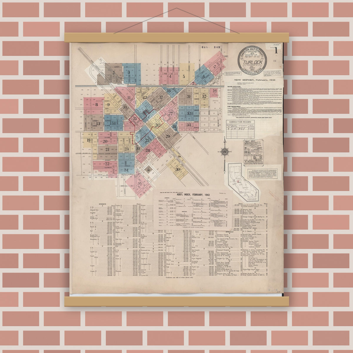Old map wall art mockup — magnetic wood frame on brick wall — Sanborn Fire Insurance Map from Turlock, Stanislaus County, California (1943) - Complete Map Set