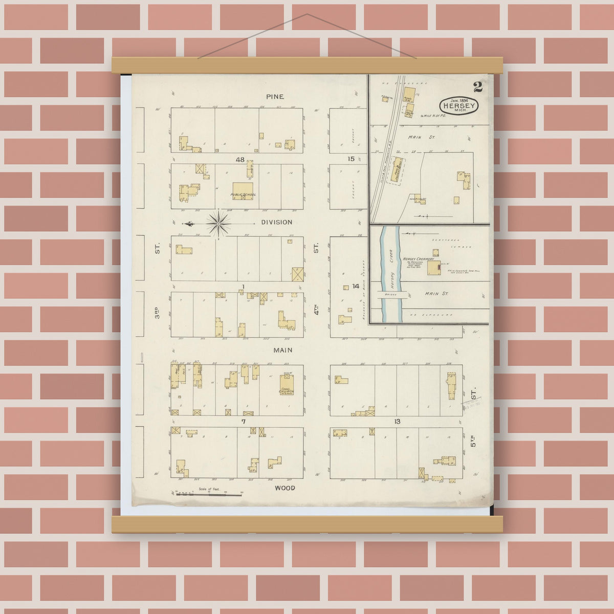 Old map wall art mockup — magnetic wood frame on brick wall — Sanborn Fire Insurance Map from Hersey, Osceola County, Michigan (1894), Sheet #0002