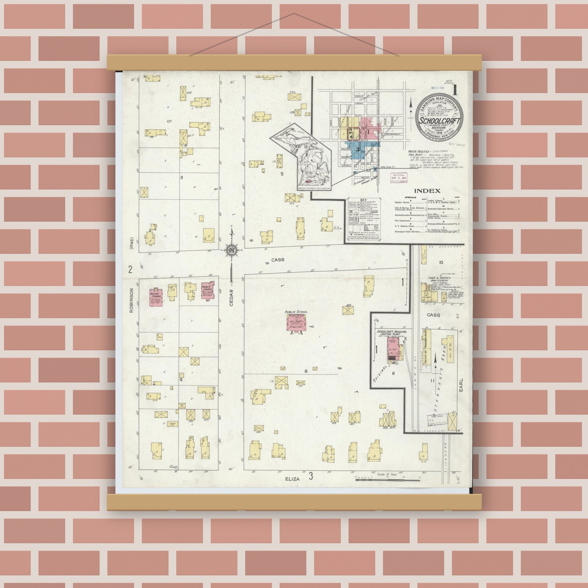 Old map wall art mockup — magnetic wood frame on brick wall — Sanborn Fire Insurance Map from Schoolcraft, Kalamazoo County, Michigan (1914) - Complete Map Set