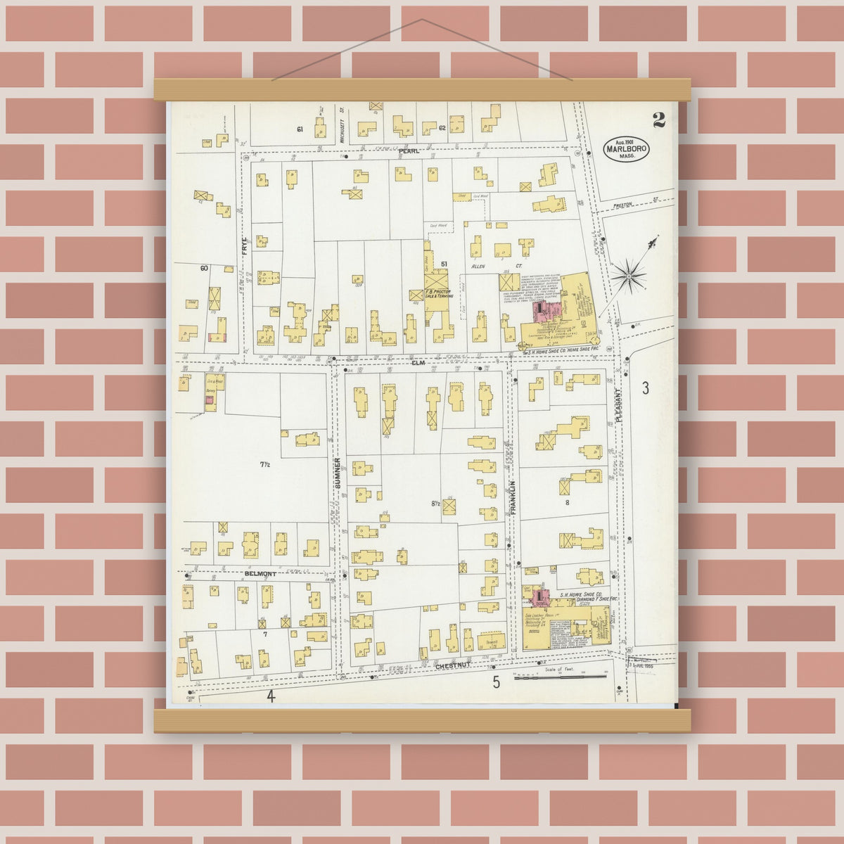 Old map wall art mockup — magnetic wood frame on brick wall — Sanborn Fire Insurance Map from Marlborough, Middlesex County, Massachusetts (1901), Sheet #0002