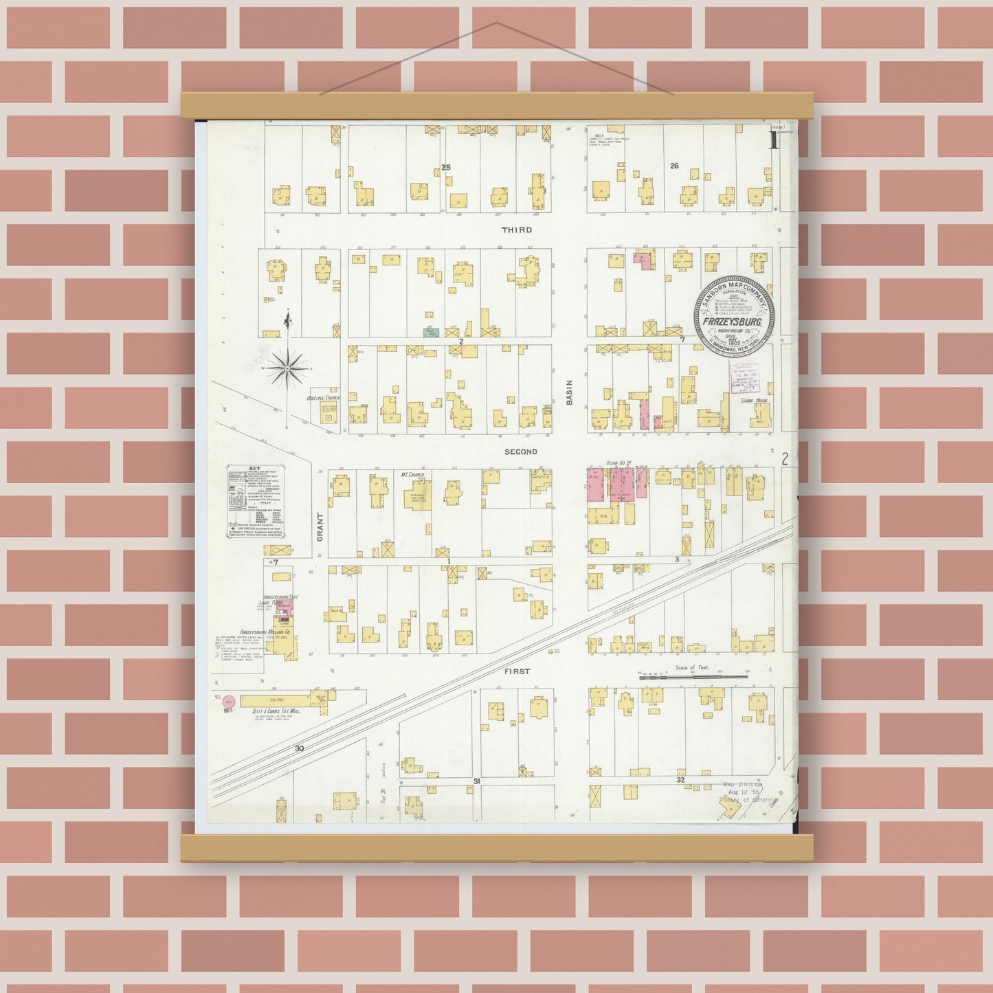 Old map wall art mockup — magnetic wood frame on brick wall — Sanborn Fire Insurance Map from Frazeysburg, Muskingum County, Ohio (1905), Sheet #0001