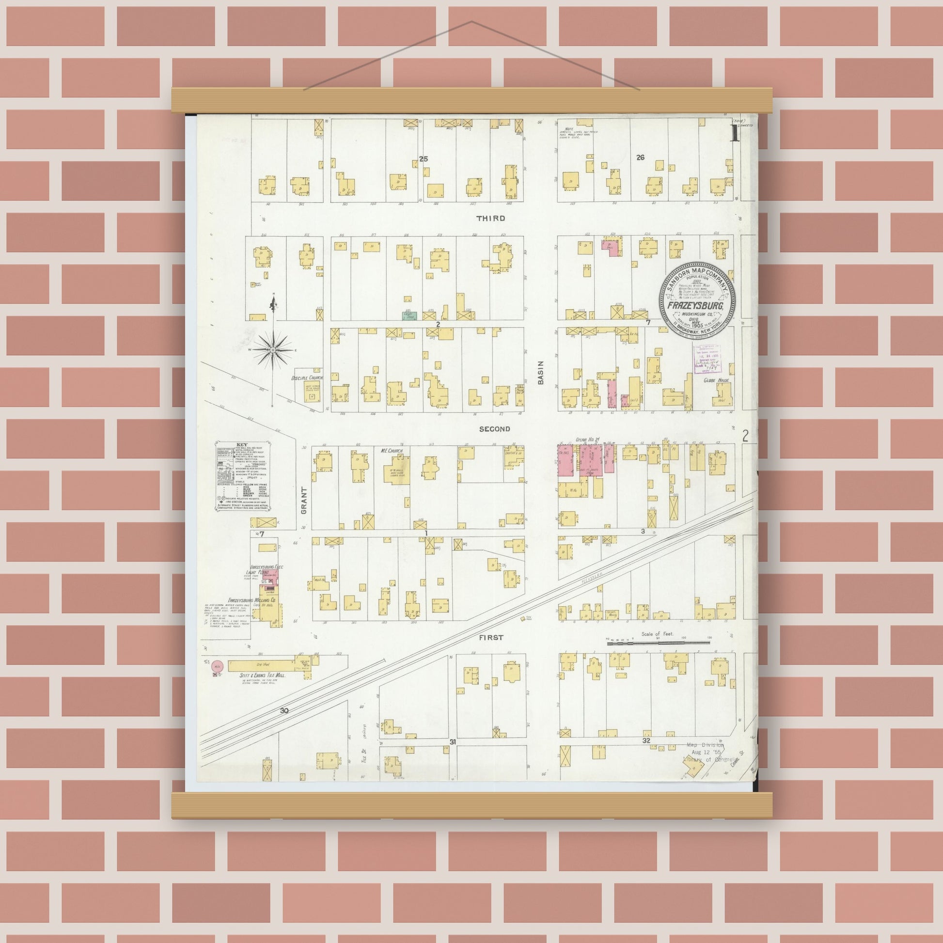 Old map wall art mockup — magnetic wood frame on brick wall — Sanborn Fire Insurance Map from Frazeysburg, Muskingum County, Ohio (1905), Sheet #0001
