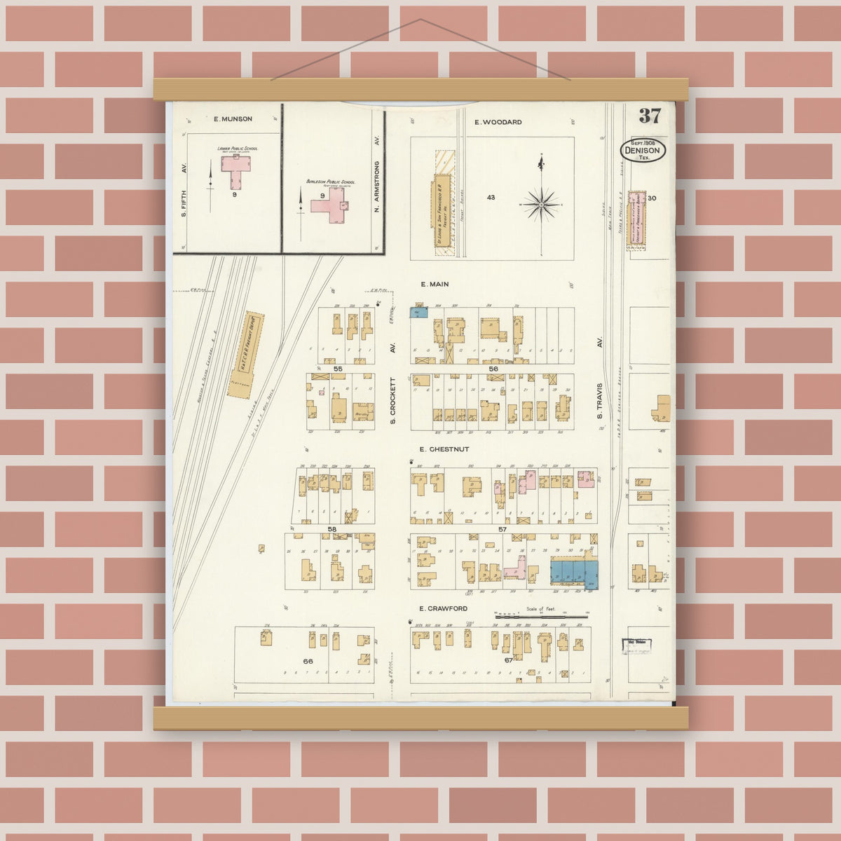 Old map wall art mockup — magnetic wood frame on brick wall — Sanborn Fire Insurance Map from Denison, Grayson County, Texas (1908), Sheet #0037