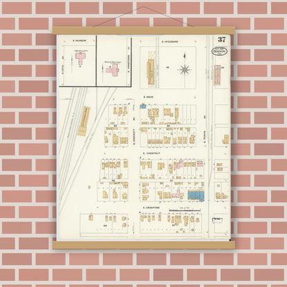 Old map wall art mockup — magnetic wood frame on brick wall — Sanborn Fire Insurance Map from Denison, Grayson County, Texas (1908), Sheet #0037