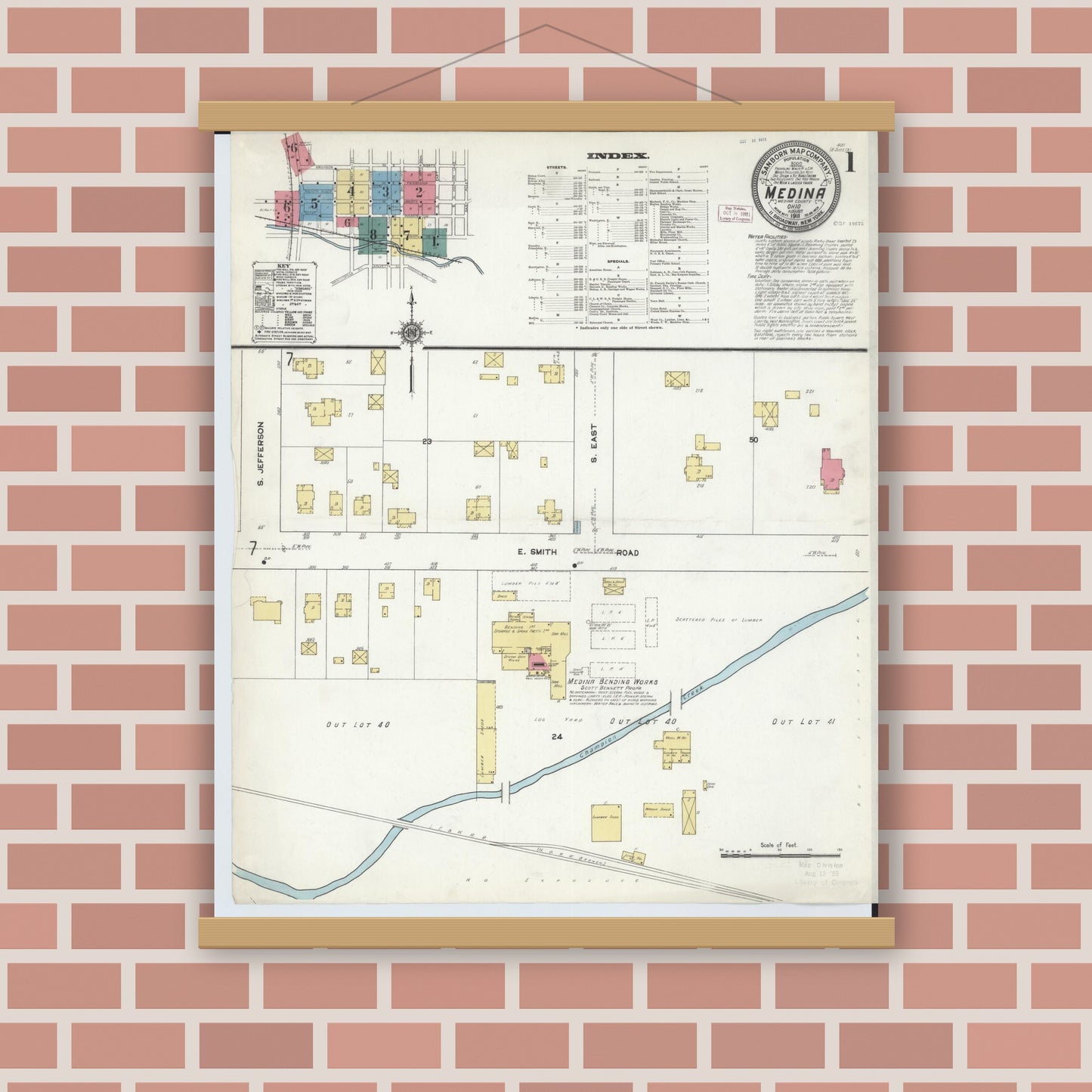 Old map wall art mockup — magnetic wood frame on brick wall — Sanborn Fire Insurance Map from Medina, Medina County, Ohio (1911), Sheet #0001