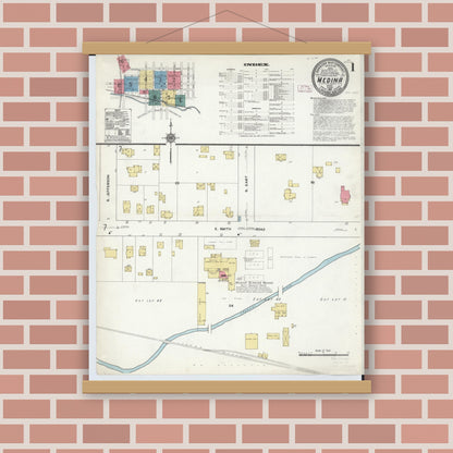 Old map wall art mockup — magnetic wood frame on brick wall — Sanborn Fire Insurance Map from Medina, Medina County, Ohio (1911), Sheet #0001