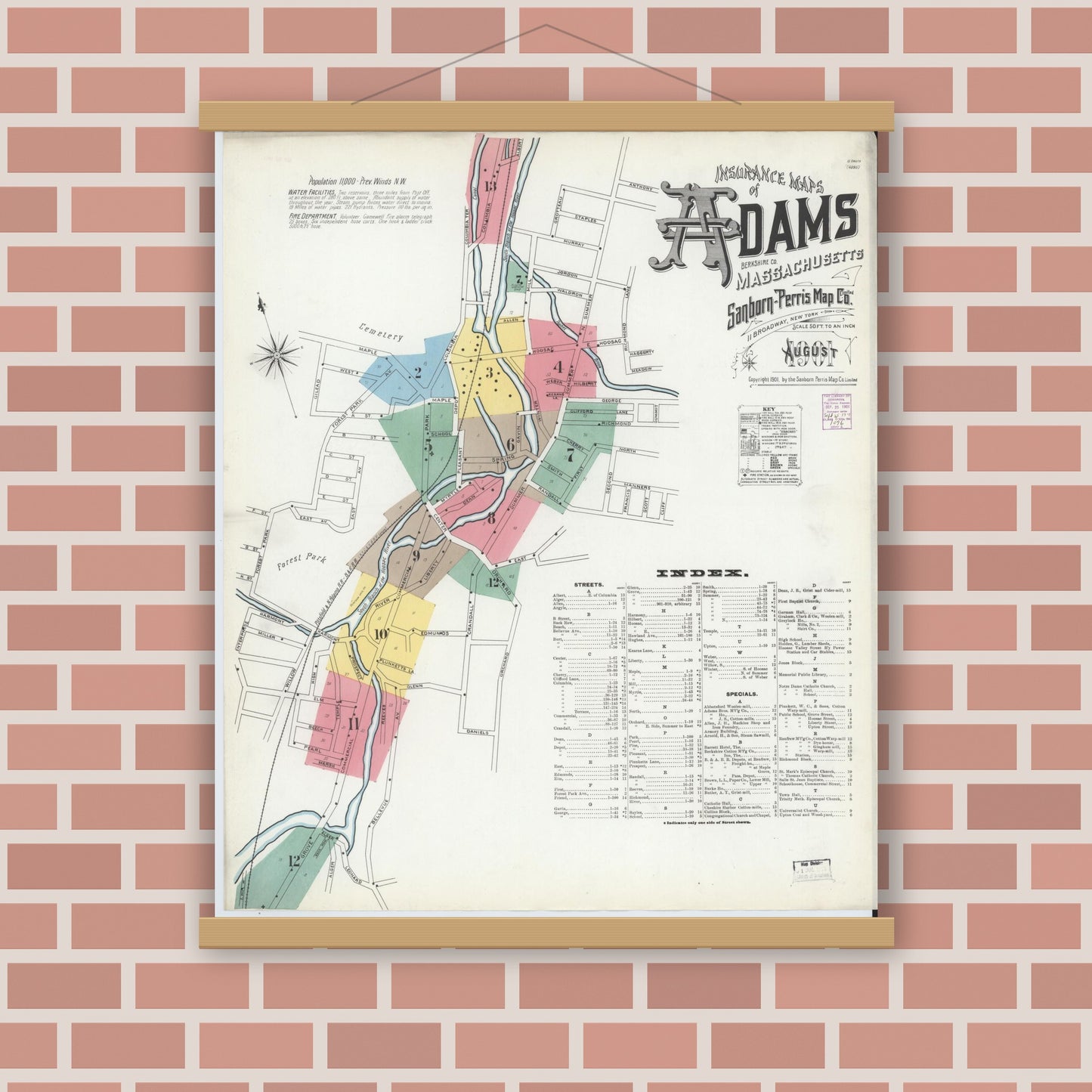 Old map wall art mockup — magnetic wood frame on brick wall — Sanborn Fire Insurance Map from Adams, Berkshire County, Massachusetts (1901), Sheet #0001