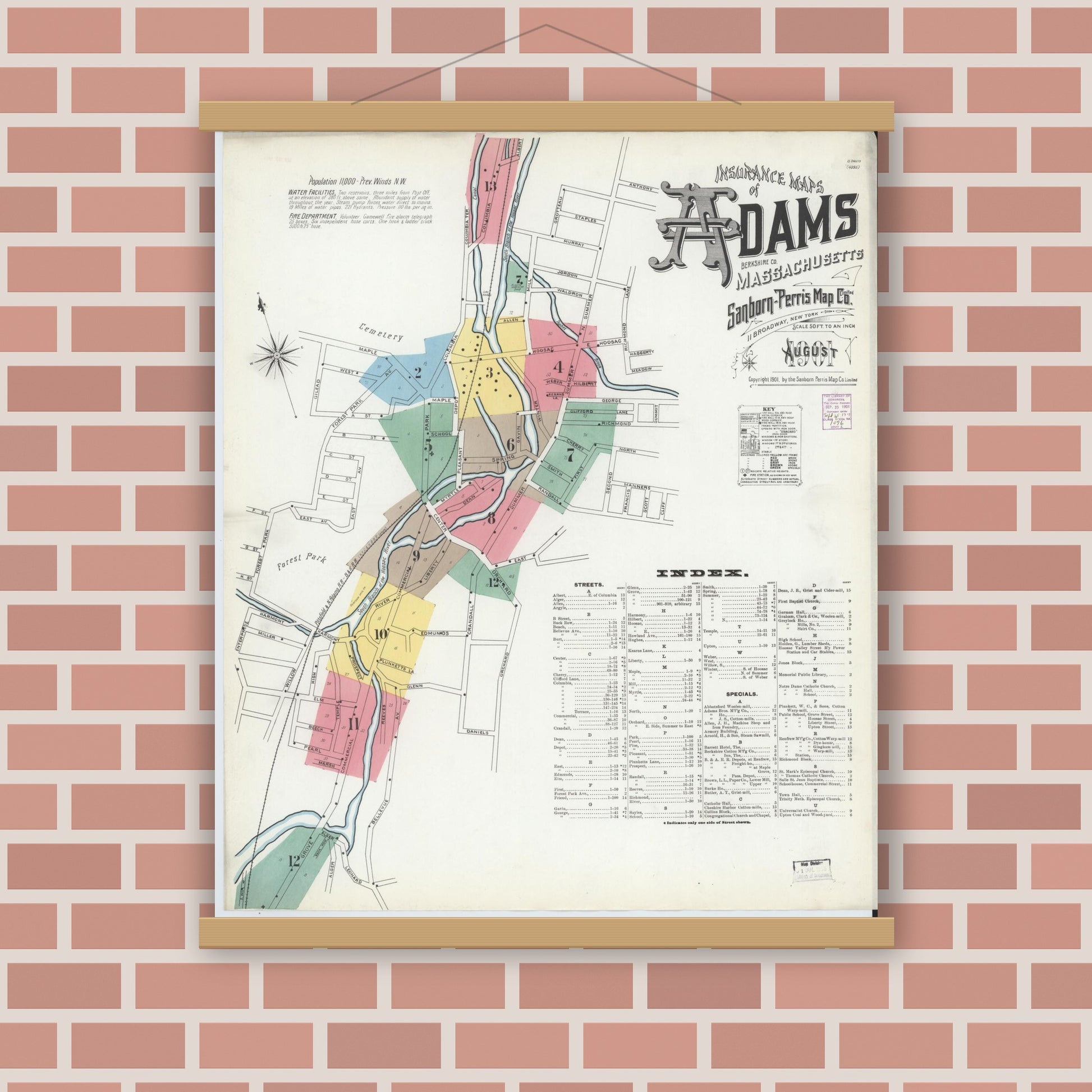 Old map wall art mockup — magnetic wood frame on brick wall — Sanborn Fire Insurance Map from Adams, Berkshire County, Massachusetts (1901), Sheet #0001