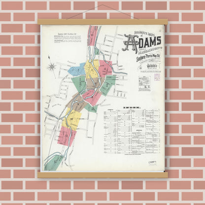 Old map wall art mockup — magnetic wood frame on brick wall — Sanborn Fire Insurance Map from Adams, Berkshire County, Massachusetts (1901), Sheet #0001