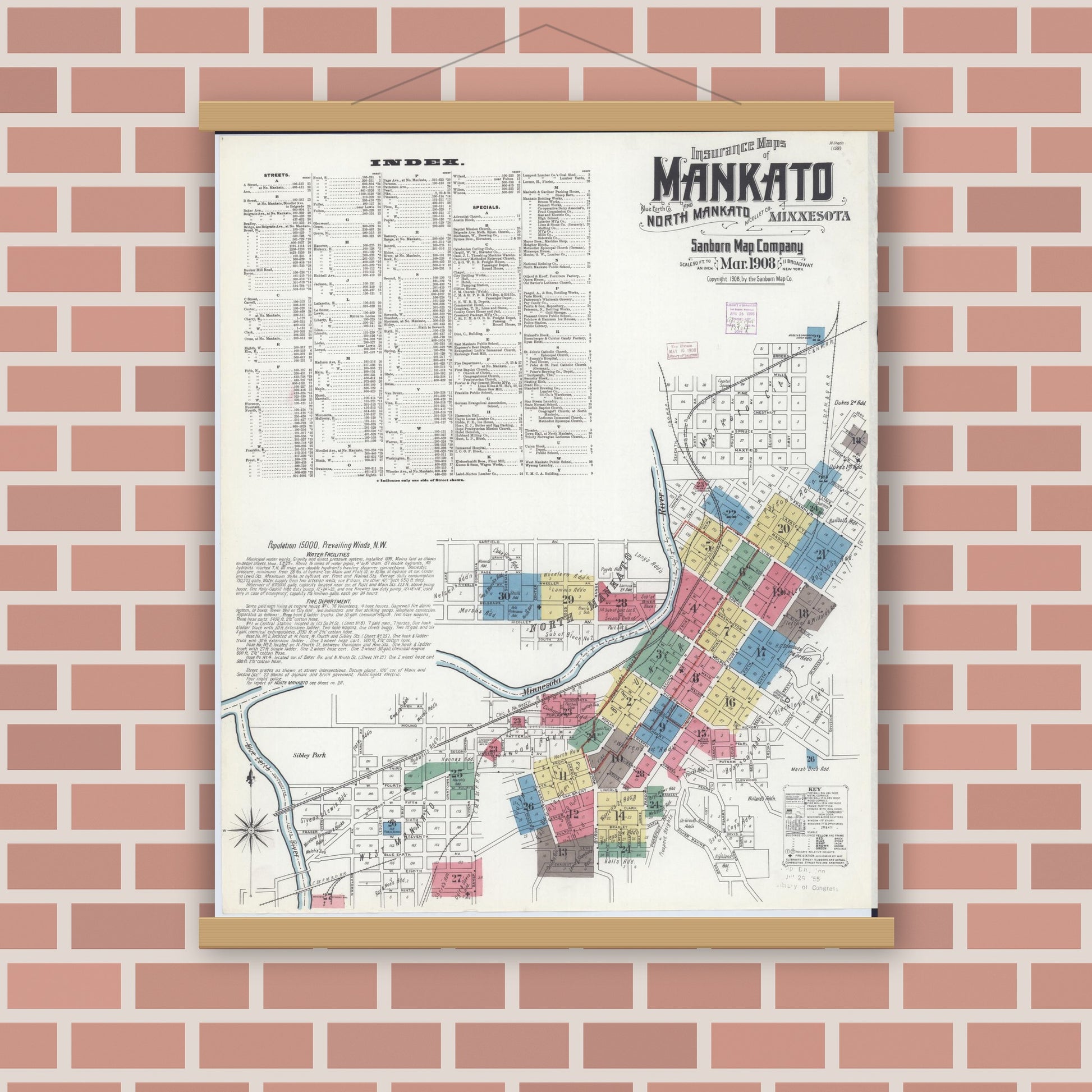 Old map wall art mockup — magnetic wood frame on brick wall — Sanborn Fire Insurance Map from Mankato, Blue Earth County, Minnesota (1908) - Complete Map Set