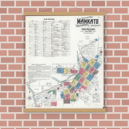 Old map wall art mockup — magnetic wood frame on brick wall — Sanborn Fire Insurance Map from Mankato, Blue Earth County, Minnesota (1908) - Complete Map Set