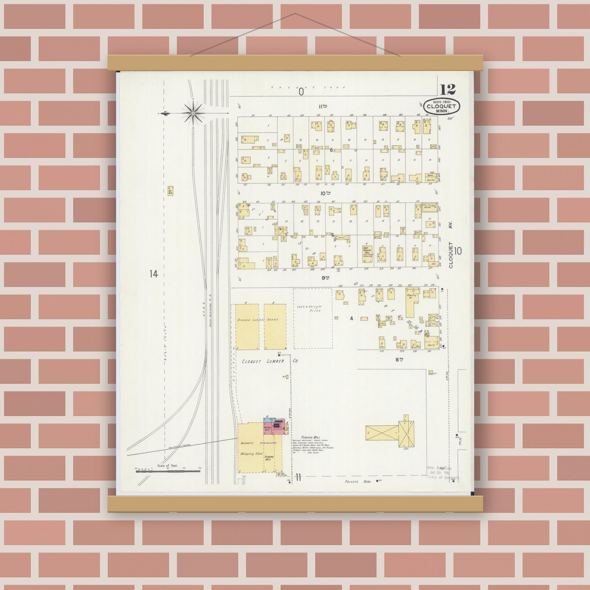 Old map wall art mockup — magnetic wood frame on brick wall — Sanborn Fire Insurance Map from Cloquet, Carlton County, Minnesota (1901), Sheet #0012