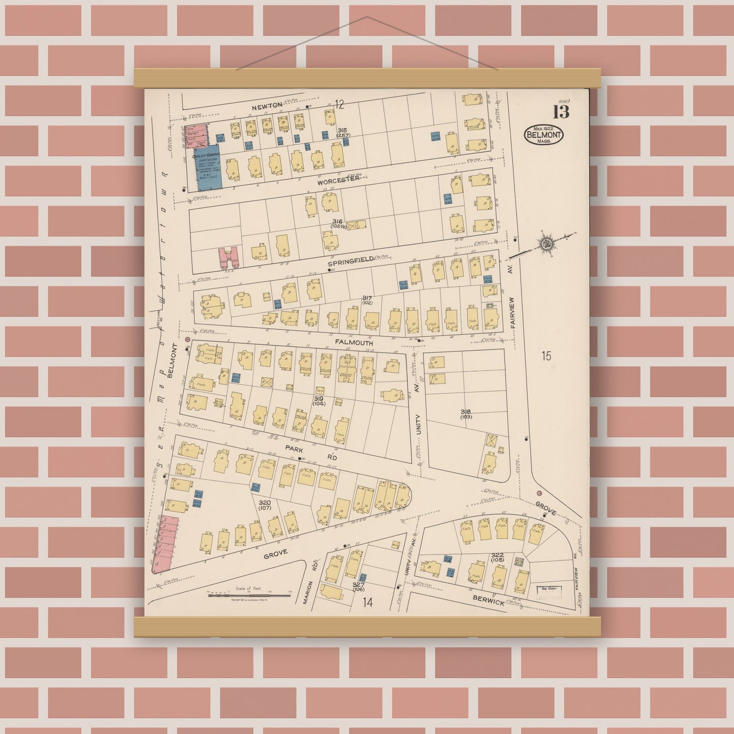 Old map wall art mockup — magnetic wood frame on brick wall — Sanborn Fire Insurance Map from Belmont, Middlesex County, Massachusetts (1922), Sheet #0013
