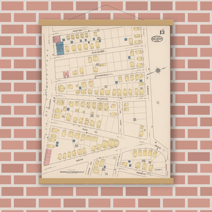 Old map wall art mockup — magnetic wood frame on brick wall — Sanborn Fire Insurance Map from Belmont, Middlesex County, Massachusetts (1922), Sheet #0013