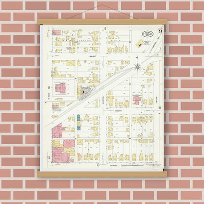 Old map wall art mockup — magnetic wood frame on brick wall — Sanborn Fire Insurance Map from Findlay, Hancock County, Ohio (1908), Sheet #0009