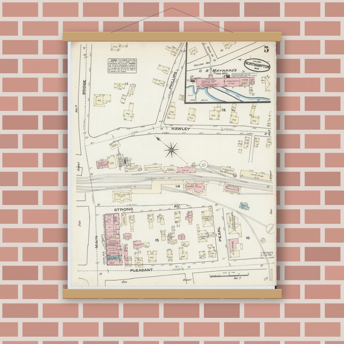Old map wall art mockup — magnetic wood frame on brick wall — Sanborn Fire Insurance Map from Northampton, Hampshire County, Massachusetts (1884), Sheet #0005