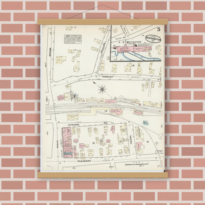 Old map wall art mockup — magnetic wood frame on brick wall — Sanborn Fire Insurance Map from Northampton, Hampshire County, Massachusetts (1884), Sheet #0005