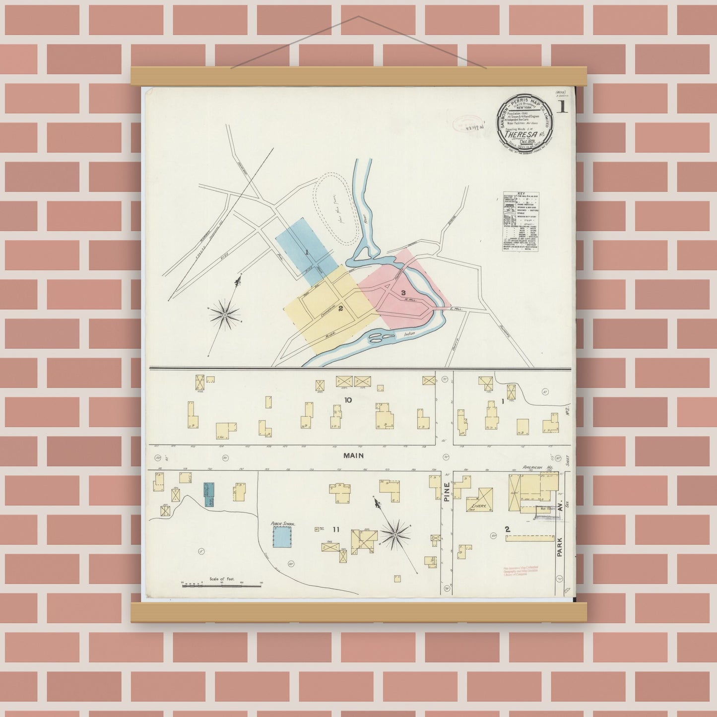 Old map wall art mockup — magnetic wood frame on brick wall — Sanborn Fire Insurance Map from Theresa, Jefferson County, New York (1891), Sheet #0001