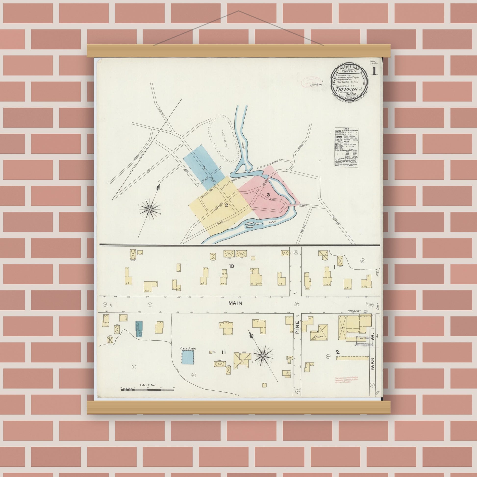 Old map wall art mockup — magnetic wood frame on brick wall — Sanborn Fire Insurance Map from Theresa, Jefferson County, New York (1891), Sheet #0001