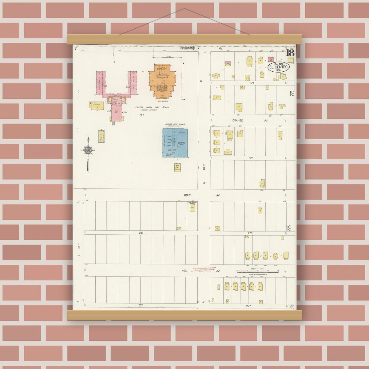 Old map wall art mockup — magnetic wood frame on brick wall — Sanborn Fire Insurance Map from El Centro, Imperial County, California (1922), Sheet #0018