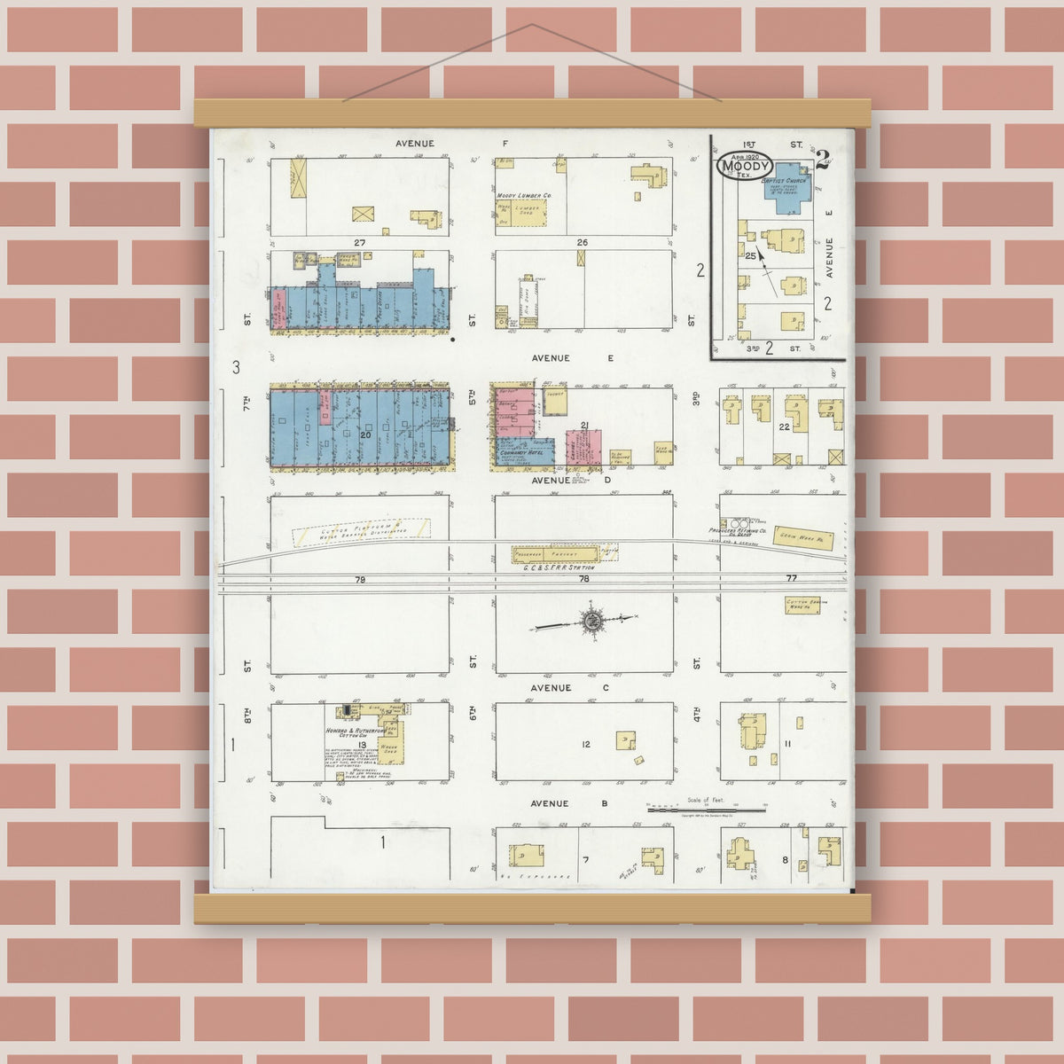 Old map wall art mockup — magnetic wood frame on brick wall — Sanborn Fire Insurance Map from Moody, McLennan County, Texas (1920), Sheet #0002