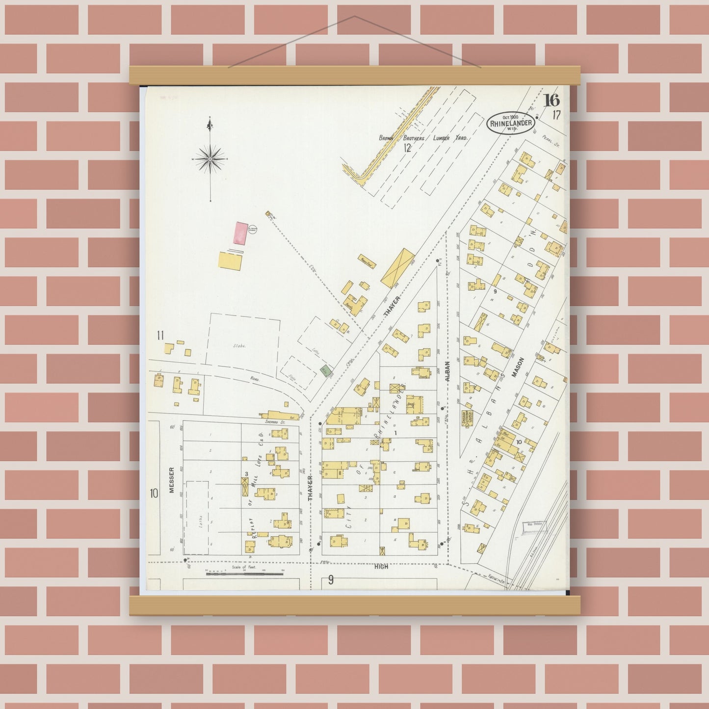 Old map wall art mockup — magnetic wood frame on brick wall — Sanborn Fire Insurance Map from Rhinelander, Oneida County, Wisconsin (1900), Sheet #0016