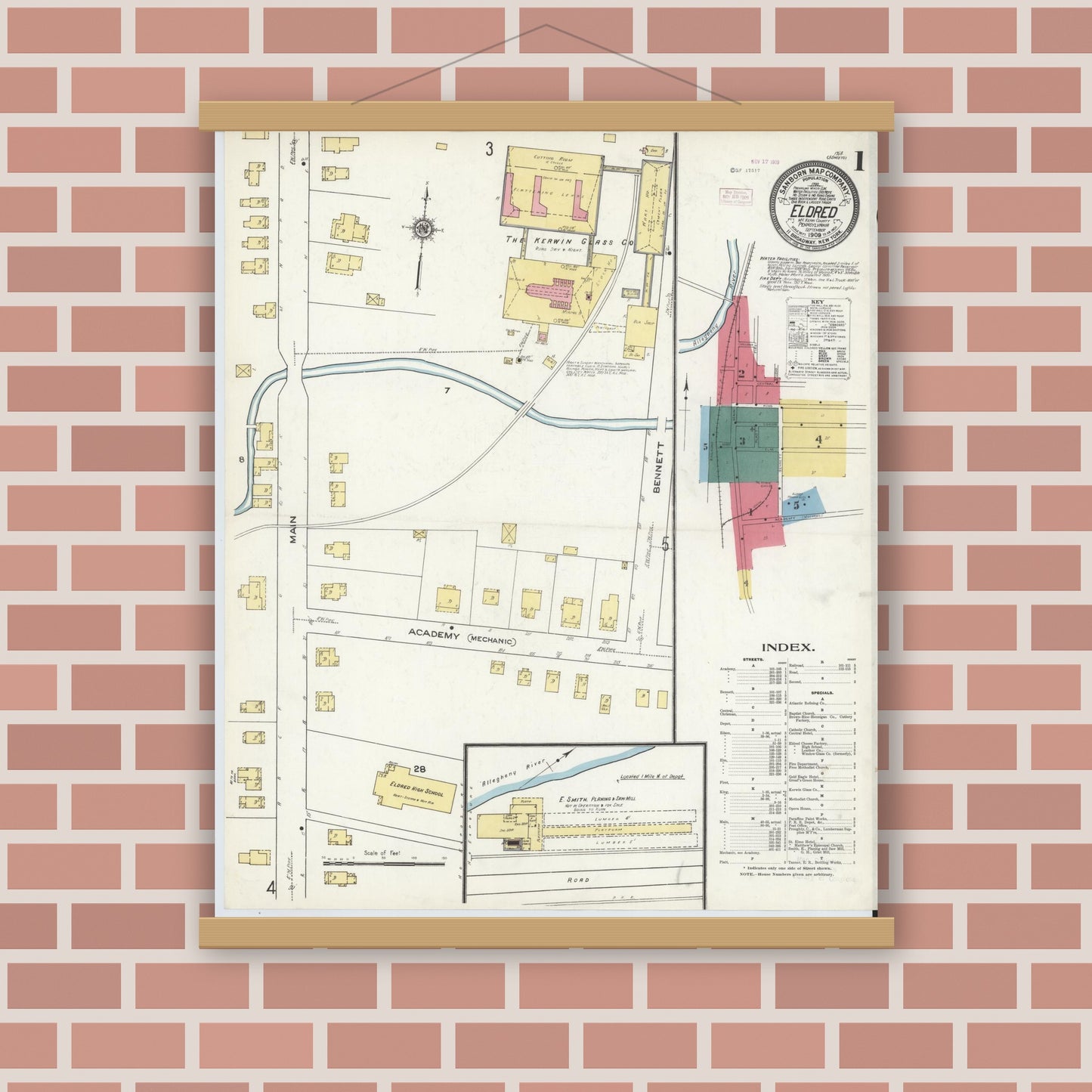 Old map wall art mockup — magnetic wood frame on brick wall — Sanborn Fire Insurance Map from Eldred, McKean County, Pennsylvania (1909) - Complete Map Set