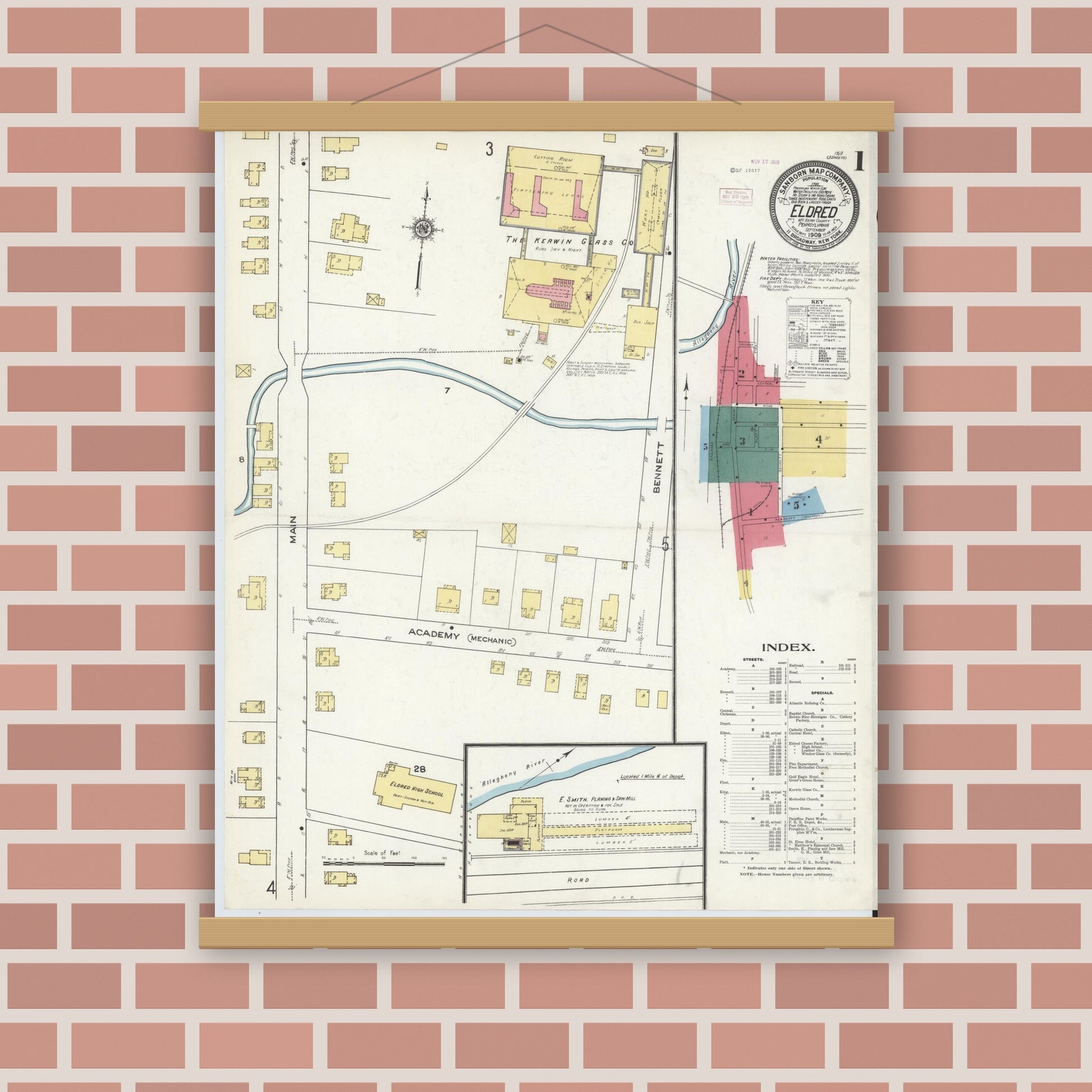 Old map wall art mockup — magnetic wood frame on brick wall — Sanborn Fire Insurance Map from Eldred, McKean County, Pennsylvania (1909) - Complete Map Set