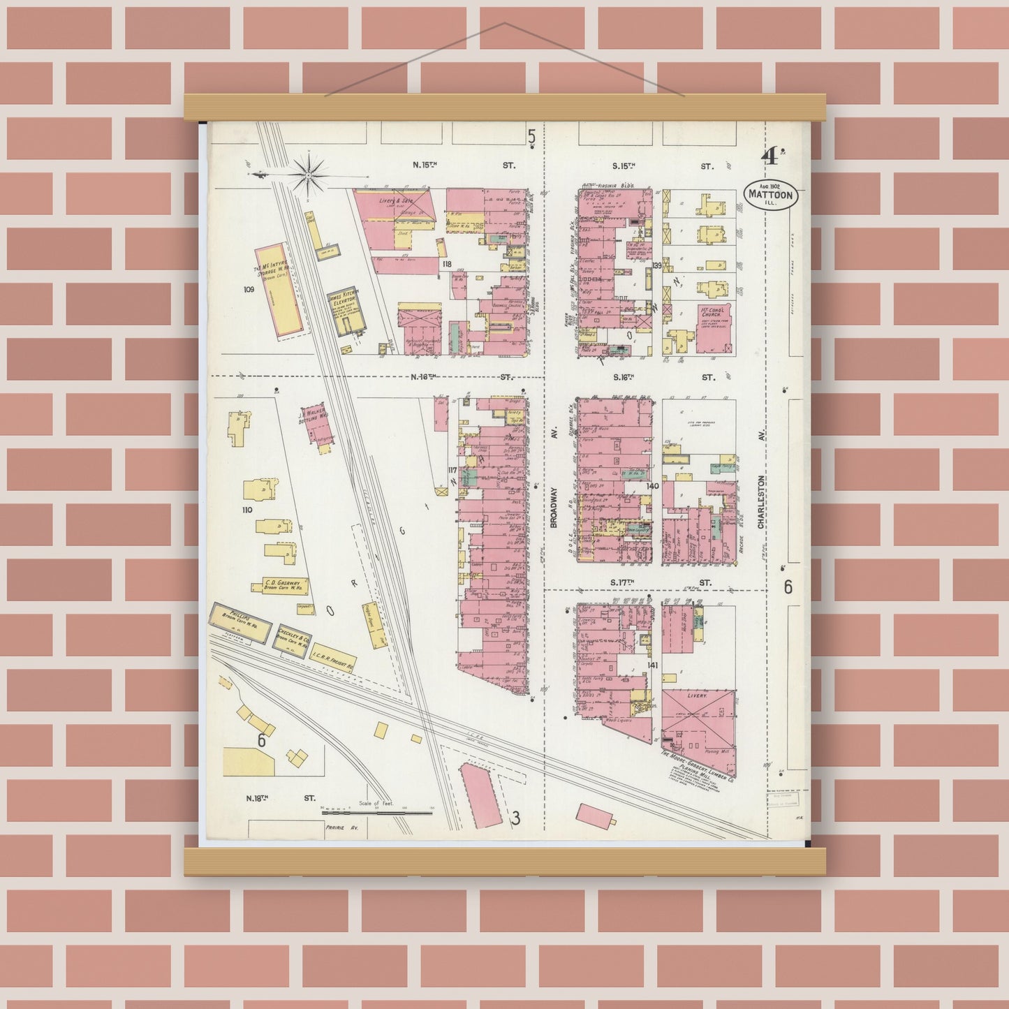 Old map wall art mockup — magnetic wood frame on brick wall — Sanborn Fire Insurance Map from Mattoon, Coles County, Illinois (1902), Sheet #0004
