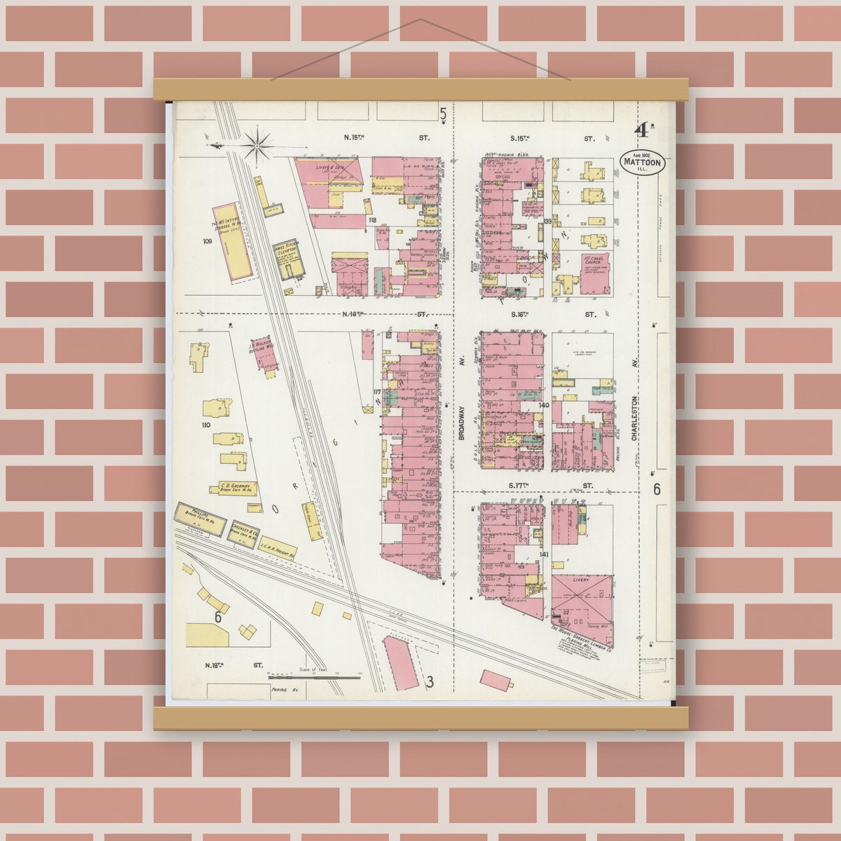 Old map wall art mockup — magnetic wood frame on brick wall — Sanborn Fire Insurance Map from Mattoon, Coles County, Illinois (1902), Sheet #0004