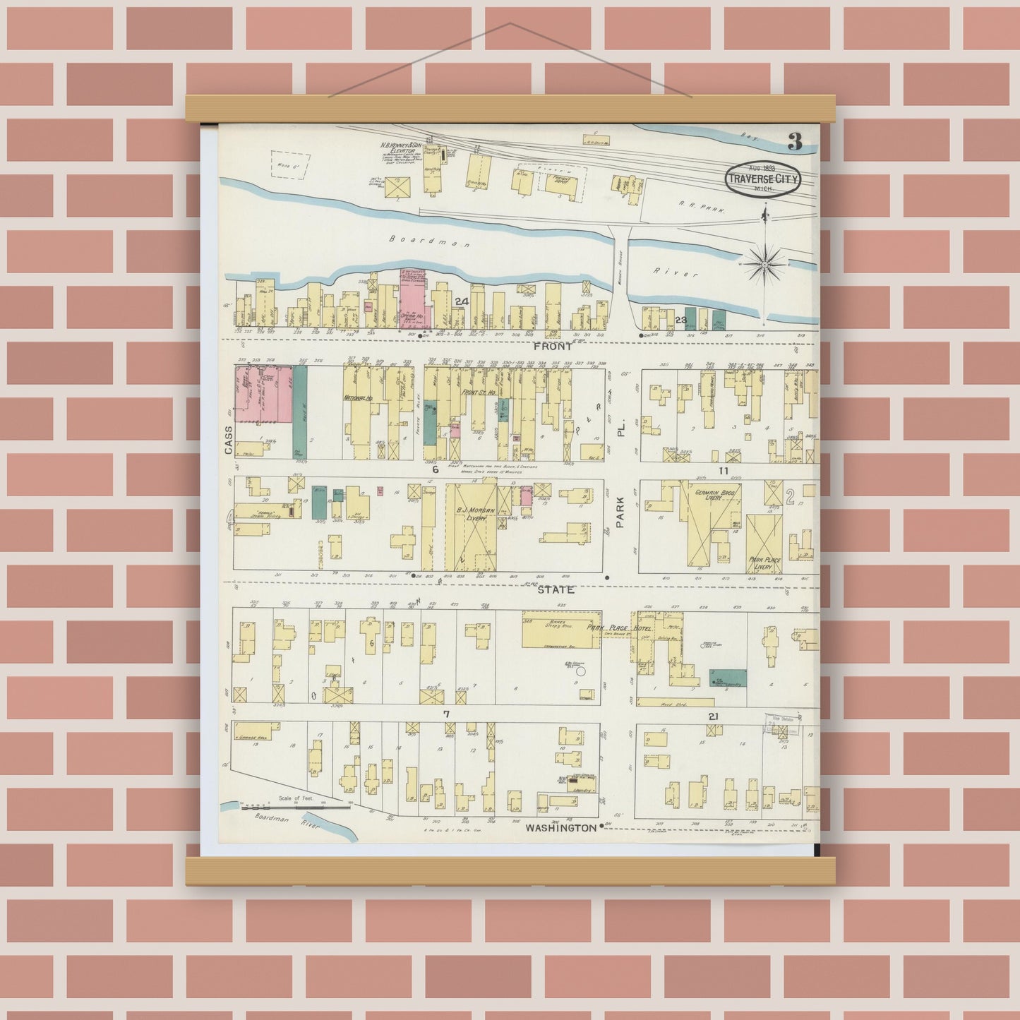 Old map wall art mockup — magnetic wood frame on brick wall — Sanborn Fire Insurance Map from Traverse City, Grand Traverse County, Michigan (1893), Sheet #0003