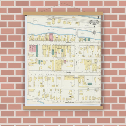 Old map wall art mockup — magnetic wood frame on brick wall — Sanborn Fire Insurance Map from Traverse City, Grand Traverse County, Michigan (1893), Sheet #0003