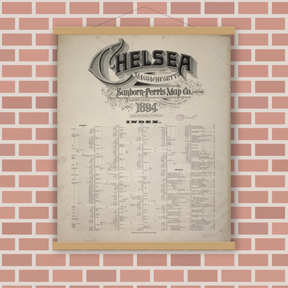 Old map wall art mockup — magnetic wood frame on brick wall — Sanborn Fire Insurance Map from Chelsea, Suffolk County, Massachusetts (1894), Sheet #0001
