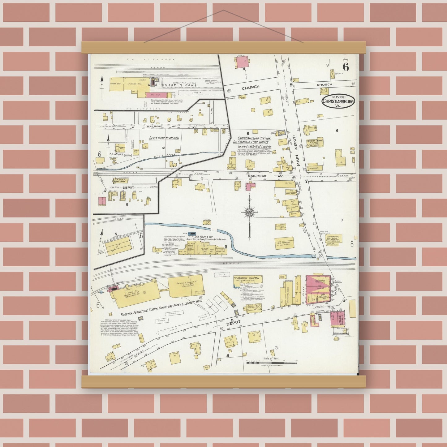 Old map wall art mockup — magnetic wood frame on brick wall — Sanborn Fire Insurance Map from Christiansburg, Montgomery County, Virginia (1921), Sheet #0006