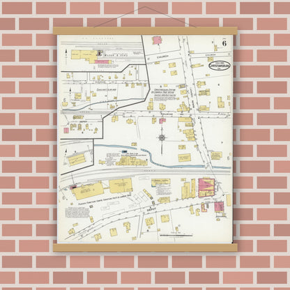 Old map wall art mockup — magnetic wood frame on brick wall — Sanborn Fire Insurance Map from Christiansburg, Montgomery County, Virginia (1921), Sheet #0006