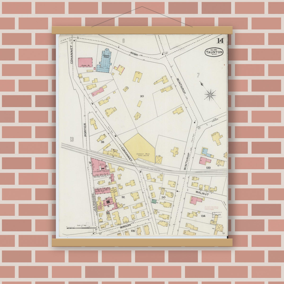 Old map wall art mockup — magnetic wood frame on brick wall — Sanborn Fire Insurance Map from Taunton, Bristol County, Massachusetts (1893), Sheet #0014