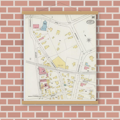 Old map wall art mockup — magnetic wood frame on brick wall — Sanborn Fire Insurance Map from Taunton, Bristol County, Massachusetts (1893), Sheet #0014