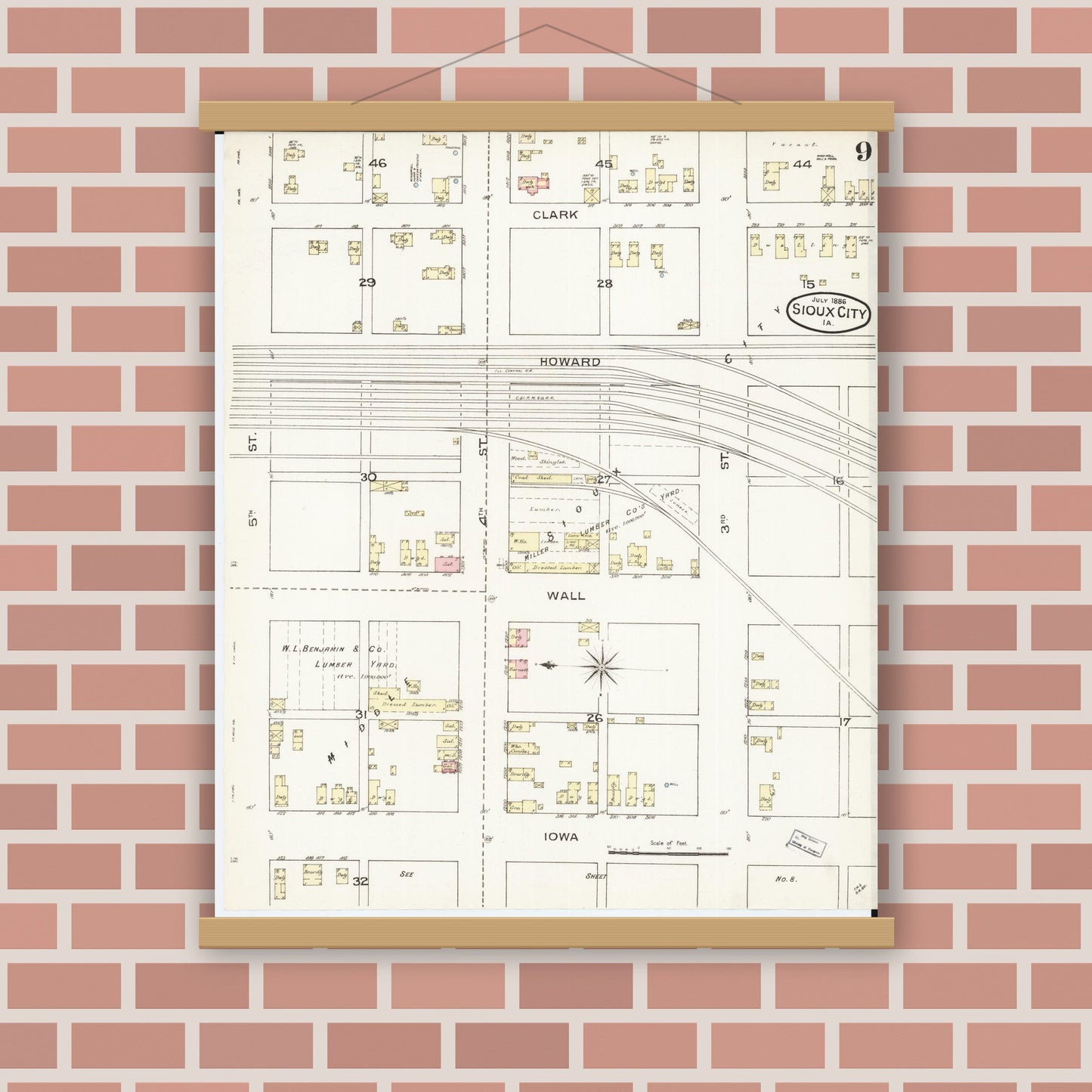 Old map wall art mockup — magnetic wood frame on brick wall — Sanborn Fire Insurance Map from Sioux City, Woodbury County, Iowa (1886), Sheet #0009