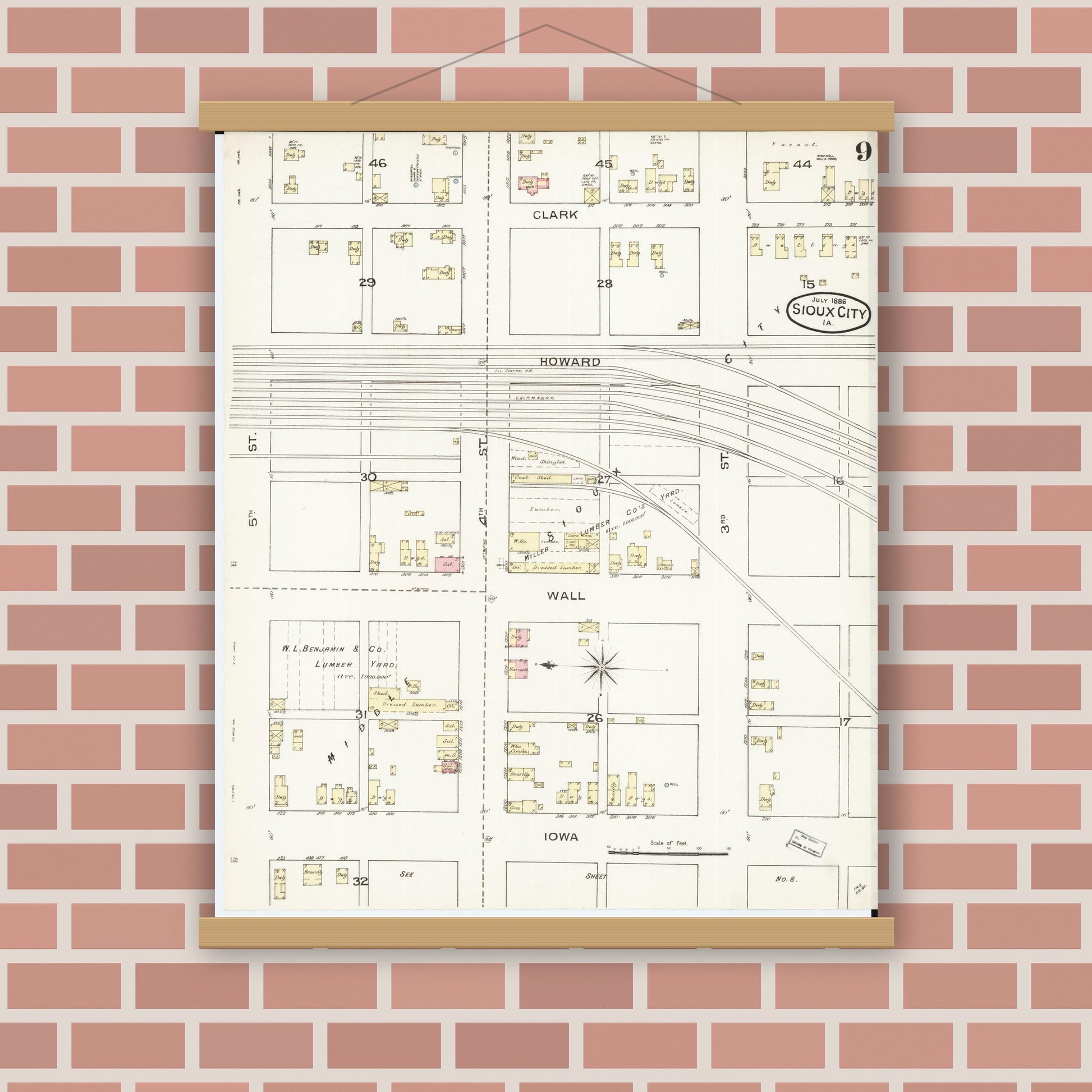 Old map wall art mockup — magnetic wood frame on brick wall — Sanborn Fire Insurance Map from Sioux City, Woodbury County, Iowa (1886), Sheet #0009