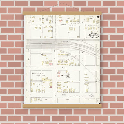 Old map wall art mockup — magnetic wood frame on brick wall — Sanborn Fire Insurance Map from Sioux City, Woodbury County, Iowa (1886), Sheet #0009