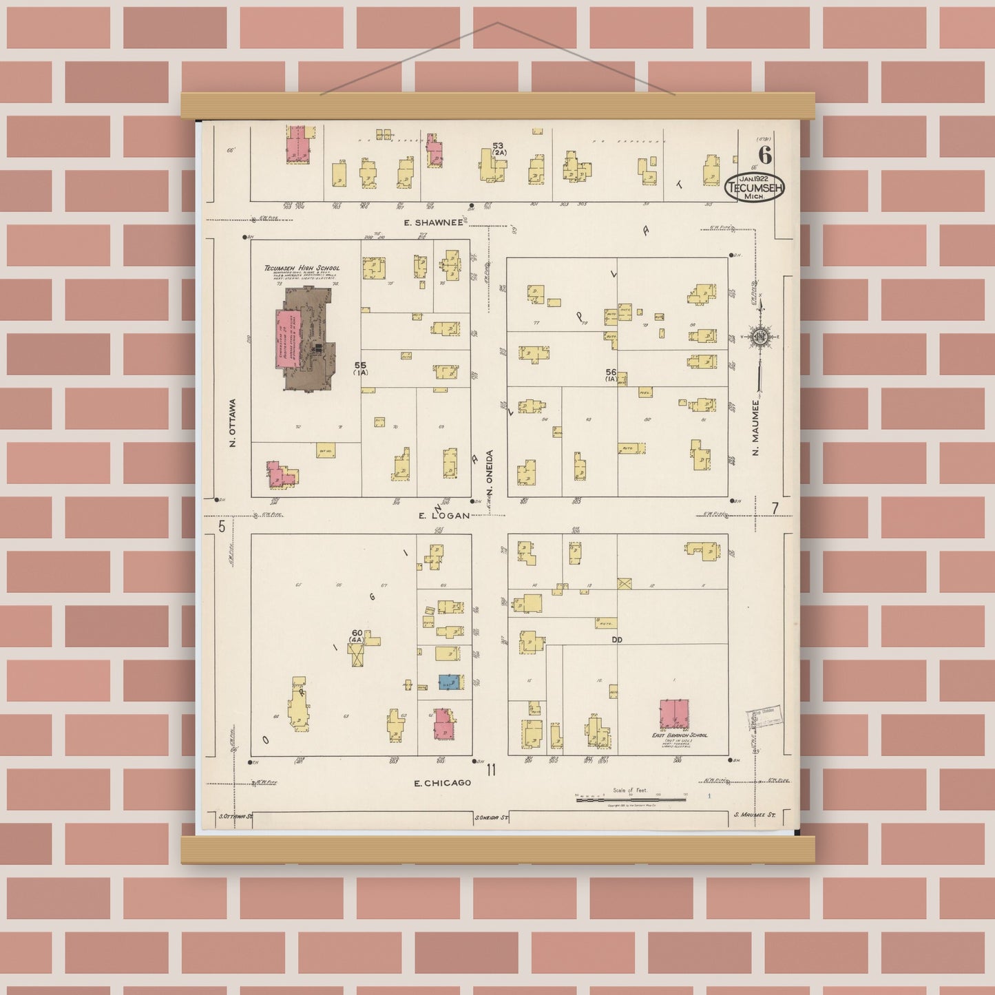 Old map wall art mockup — magnetic wood frame on brick wall — Sanborn Fire Insurance Map from Tecumseh, Lenawee County, Michigan (1922), Sheet #0006