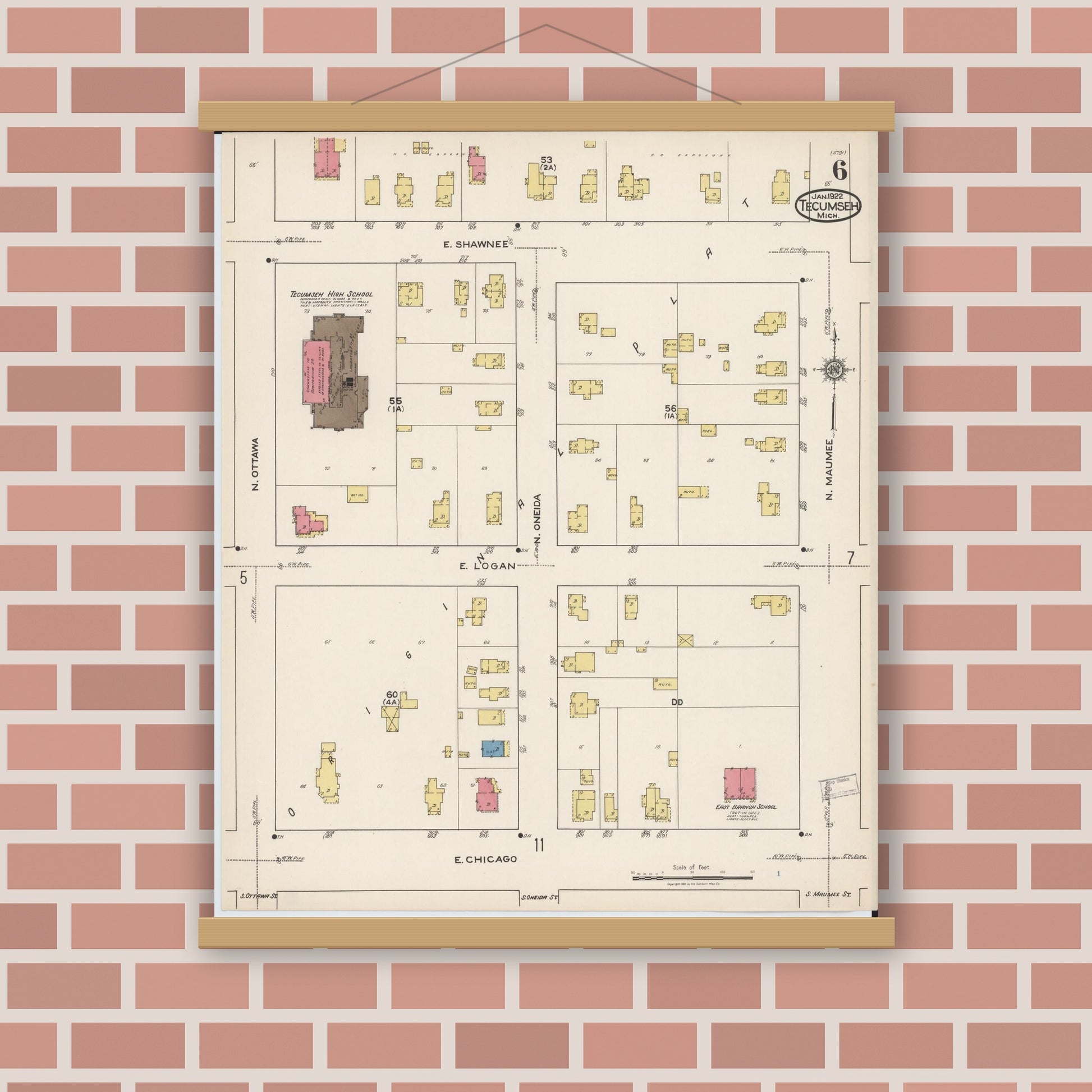 Old map wall art mockup — magnetic wood frame on brick wall — Sanborn Fire Insurance Map from Tecumseh, Lenawee County, Michigan (1922), Sheet #0006