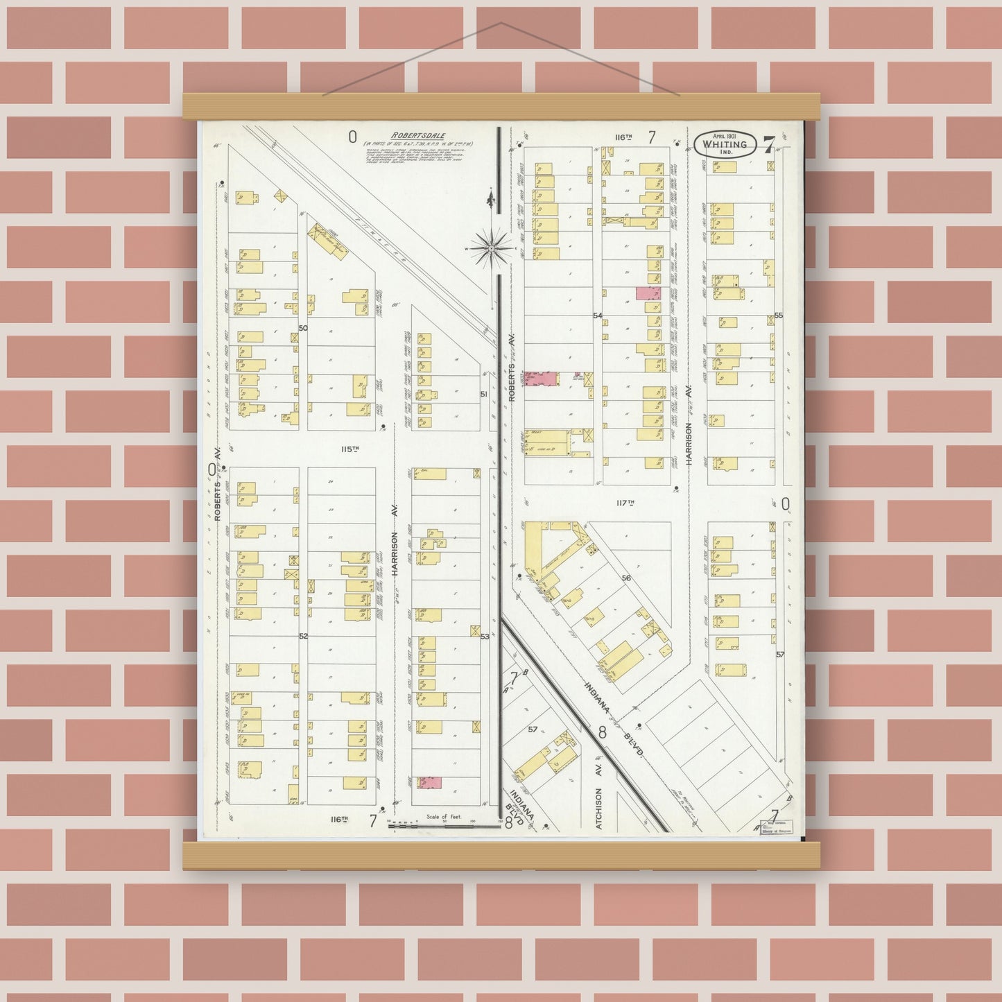 Old map wall art mockup — magnetic wood frame on brick wall — Sanborn Fire Insurance Map from Whiting, Lake County, Indiana (1901), Sheet #0007