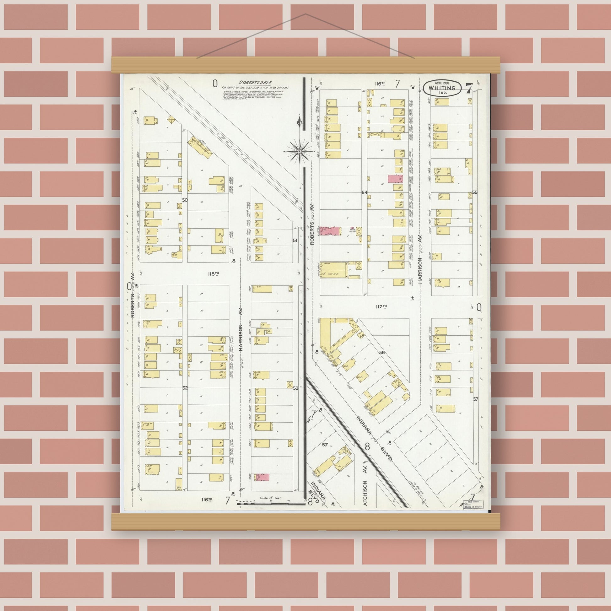 Old map wall art mockup — magnetic wood frame on brick wall — Sanborn Fire Insurance Map from Whiting, Lake County, Indiana (1901), Sheet #0007